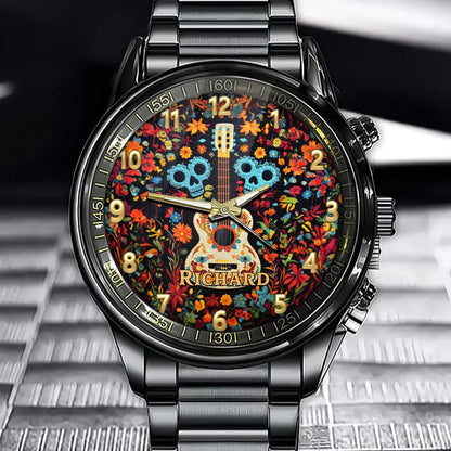 Personalized Day of the Dead Watch with Colorful Skull and Guitar Design