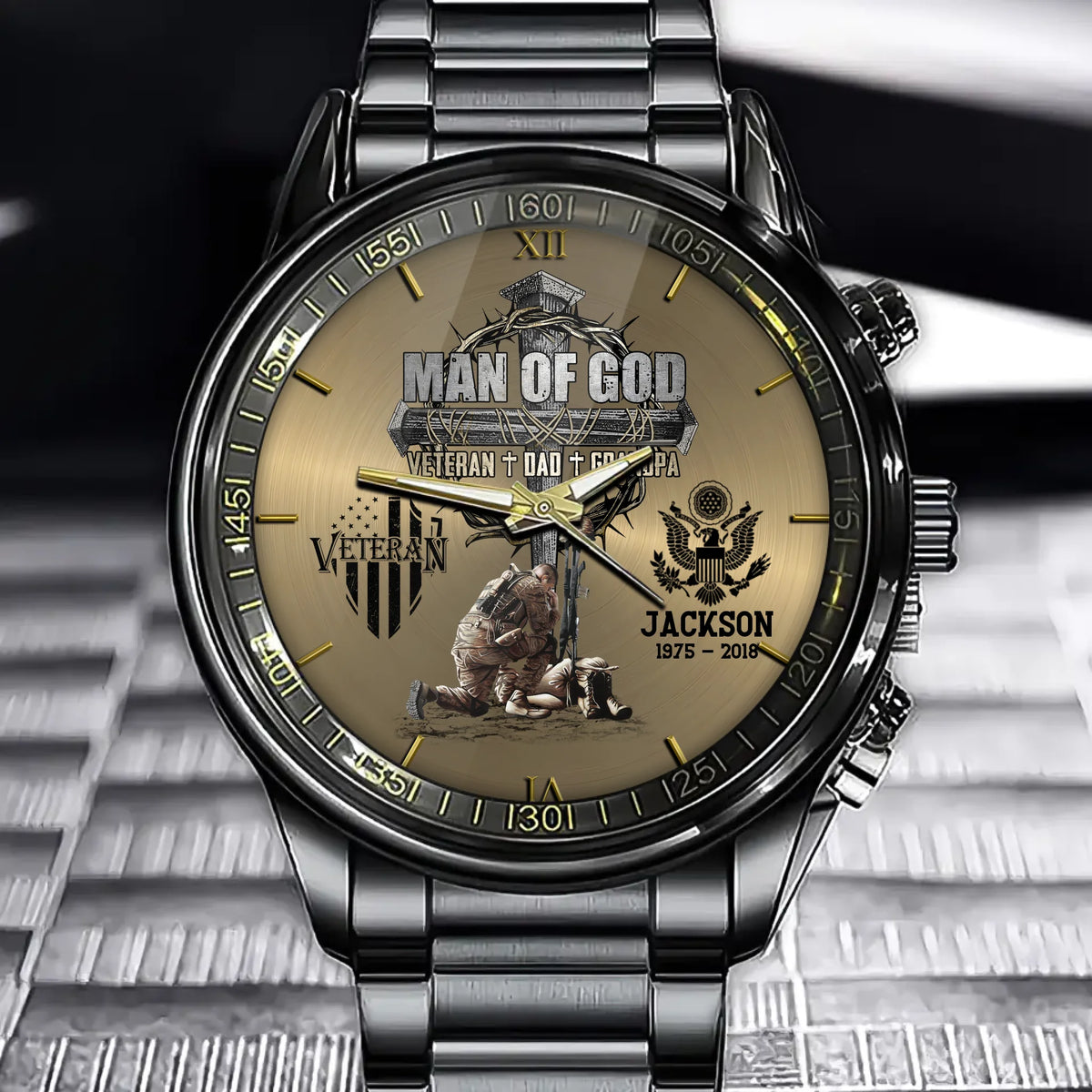 Man Of God Veteran Dad Papa Personalized Watch For Father Veteran Grandpa