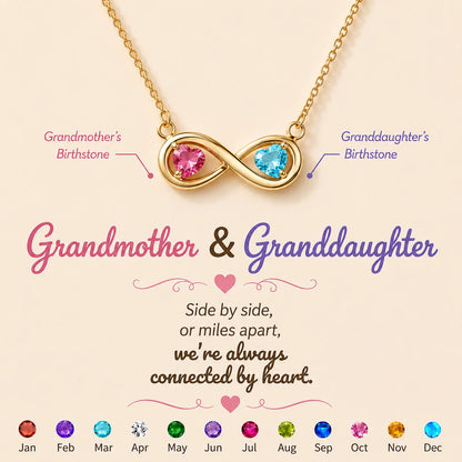 Custom Double Birthstone Infinity Necklace - Personalized Gifts For Grandmother & Granddaughter - Connected By Heart